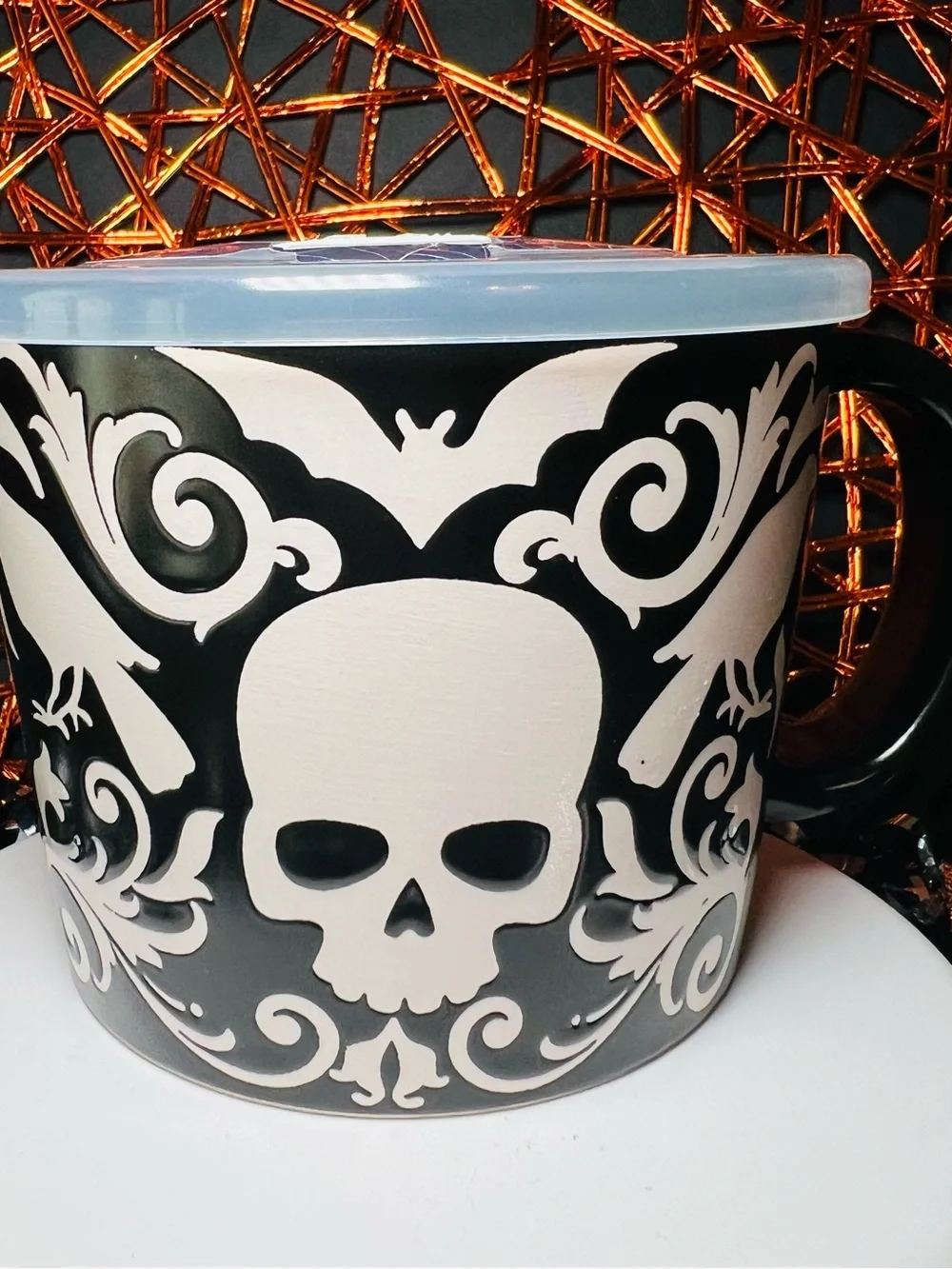 Black & White Skull Soup Mug with Lid Gothic Raven & Bats Halloween Stoneware